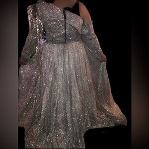 BEADED SLEEVELESS OFF SHOULDER SPARKLY GOWN WITH BEADING ON BOTH SIDES AND TULE